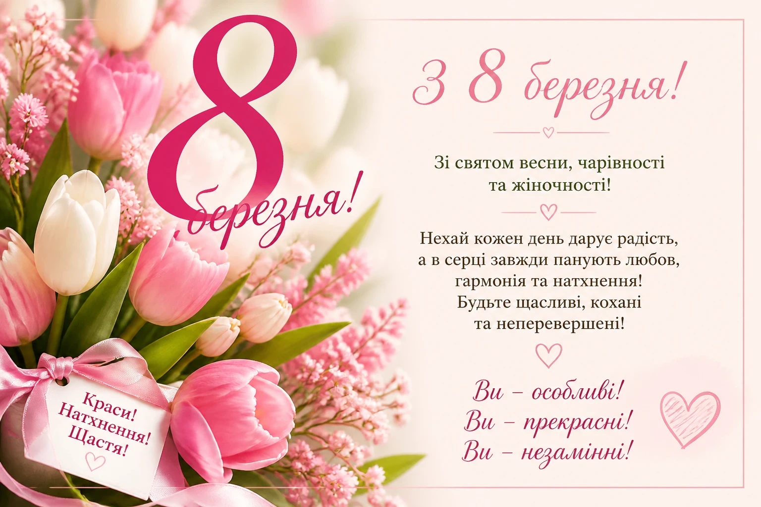 Гарні привітання з 8 березня на вітальні листівки